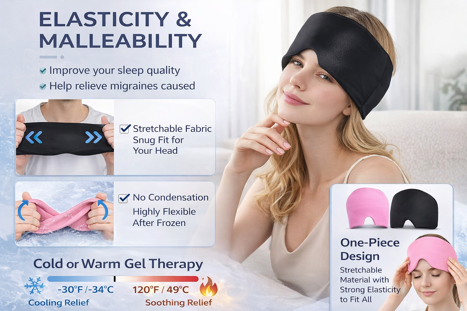 Migraine Relief Gel Ice Sleep Mask – Hot & Cold Therapy Headache Hat, Eye Mask Eyeshade Cover for Men and Women
